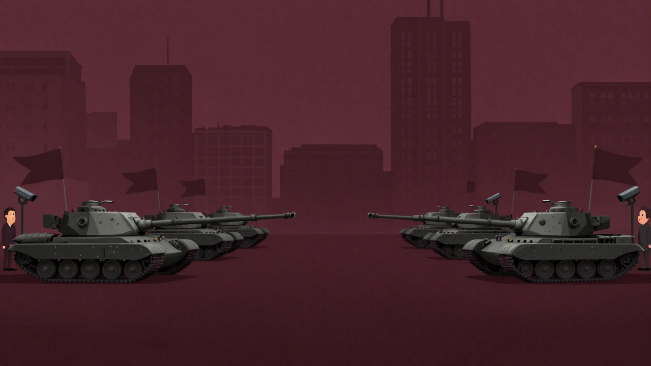 Illustration of a town square lined with tanks and flags waving, expressionless citizens under watchful eyes