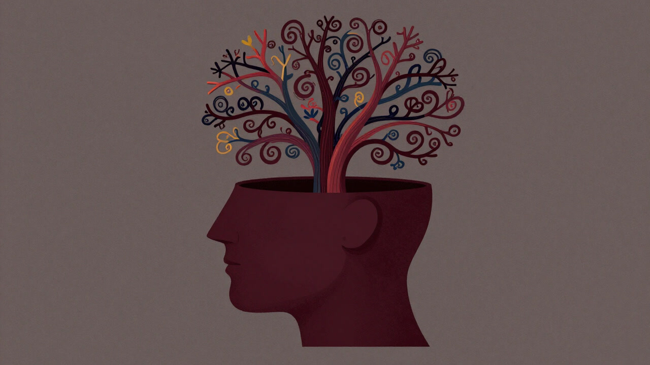 Illustration peering into a blank mind swirling with colorful branches