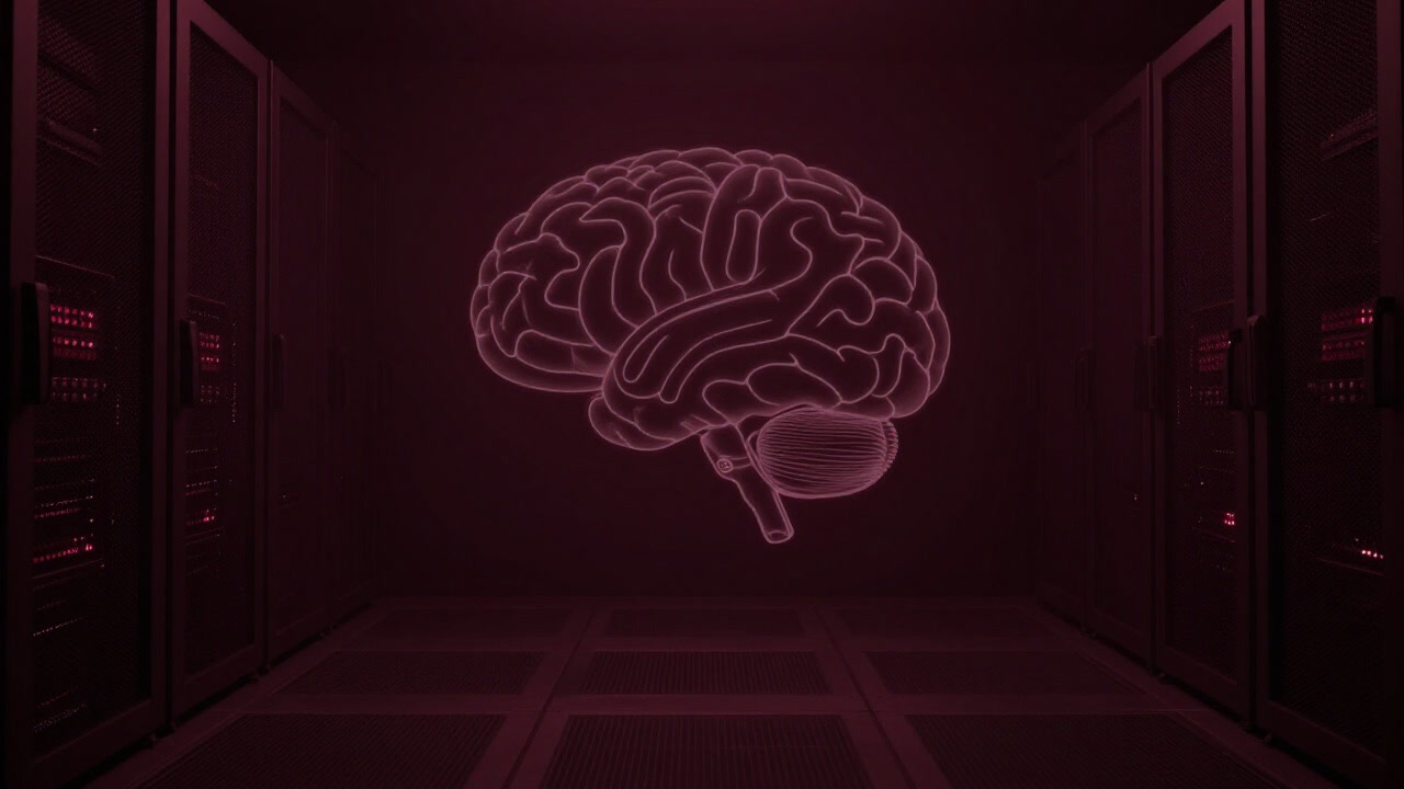 Outline of a digitized brain faintly illuminated in a server room.