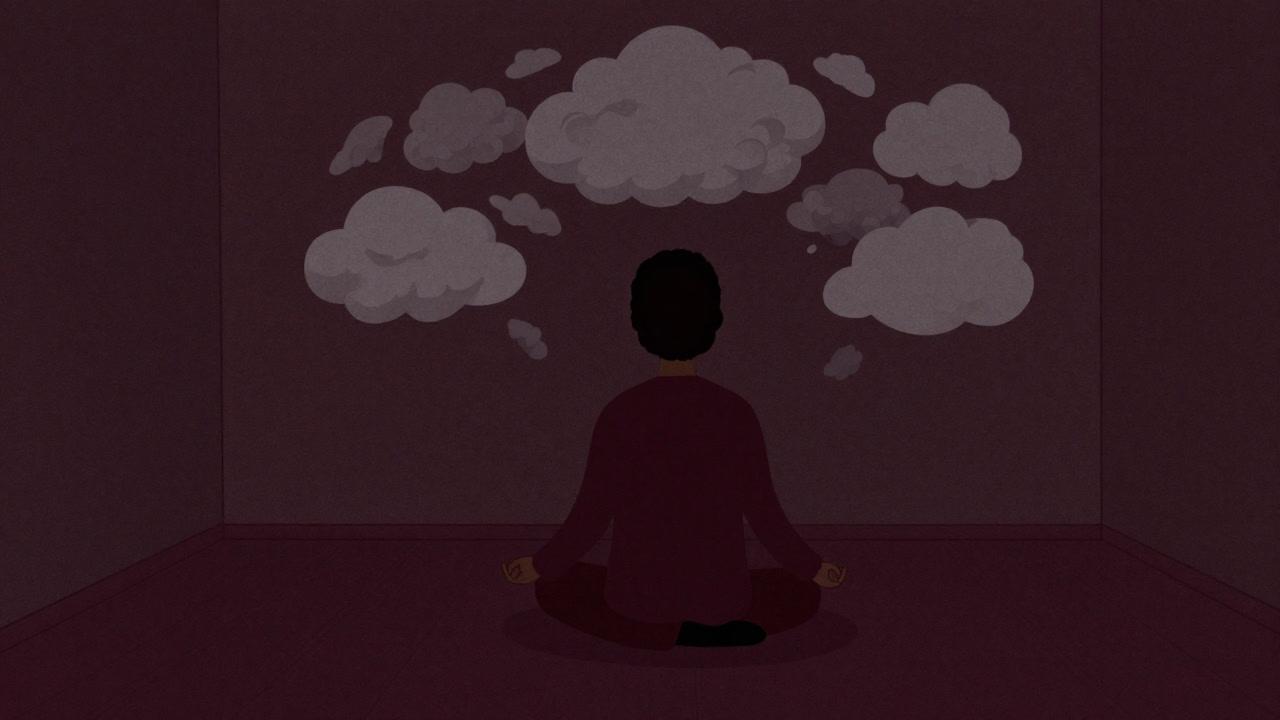 暗い部屋で瞑想する人のシルエット、その背後には脳内の雑念がモヤモヤと浮かぶイラスト