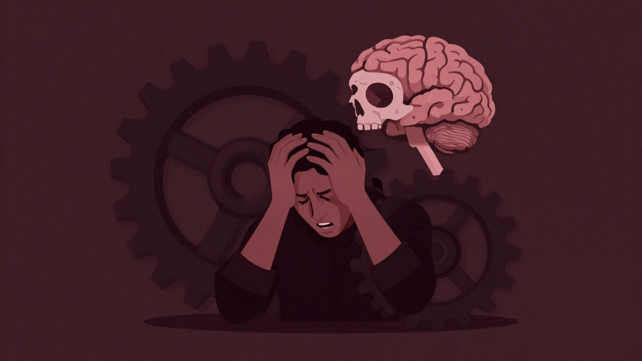 An illustration of a human clutching their head inside gears, with a grinning skeletal brain personified behind them.