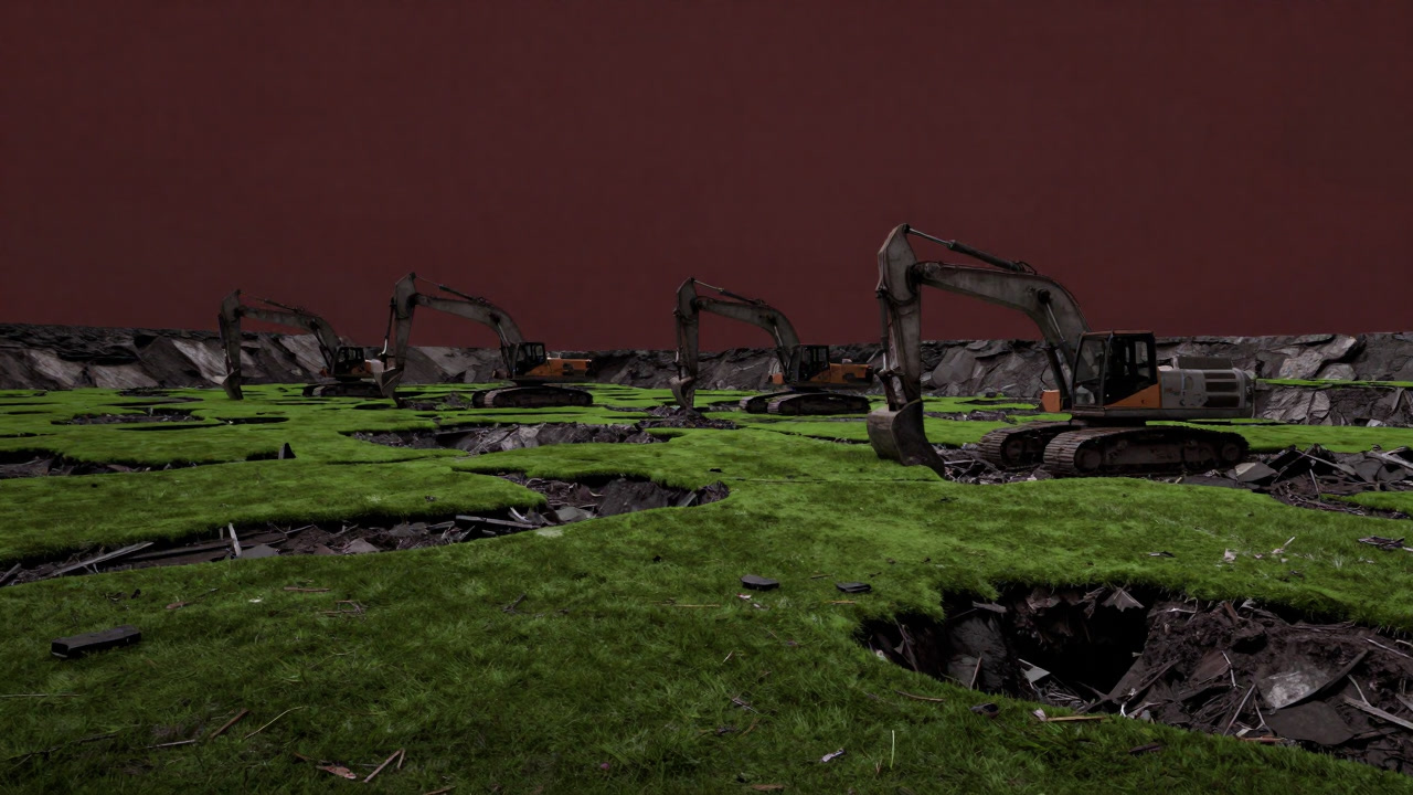 荒廃した鉱山跡に一面の緑マットが張られ、重機の影がうっすら映る風景