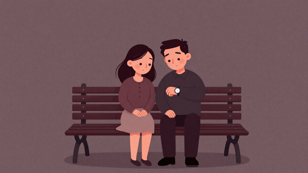 Illustration of a couple briefly sitting side by side on a park bench