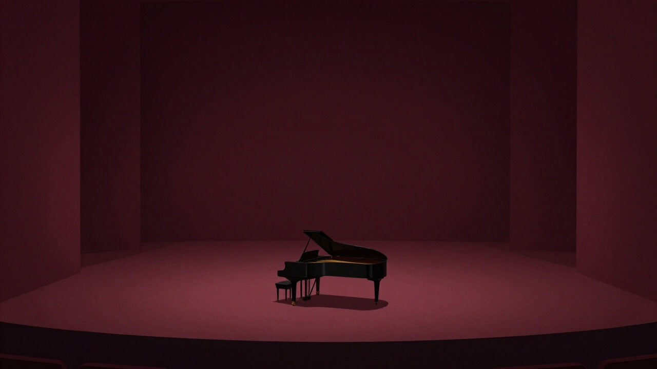 Image of a vast empty stage with a single piano keyboard and its shadow stretching infinitely like a loop.
