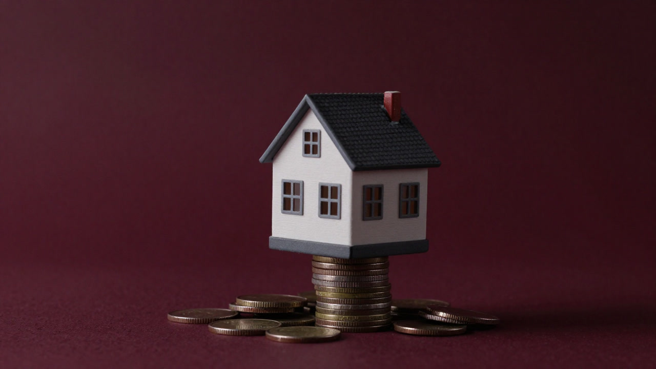 Several worn coins arranged with a tiny house model precariously balanced on top