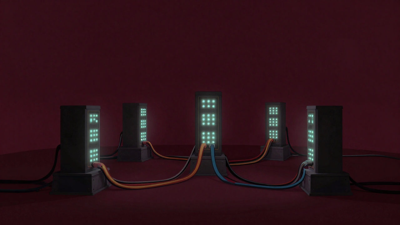 Image of a mining rig surrounded by numerous cables, its blinking LEDs pulsing as it emits heat