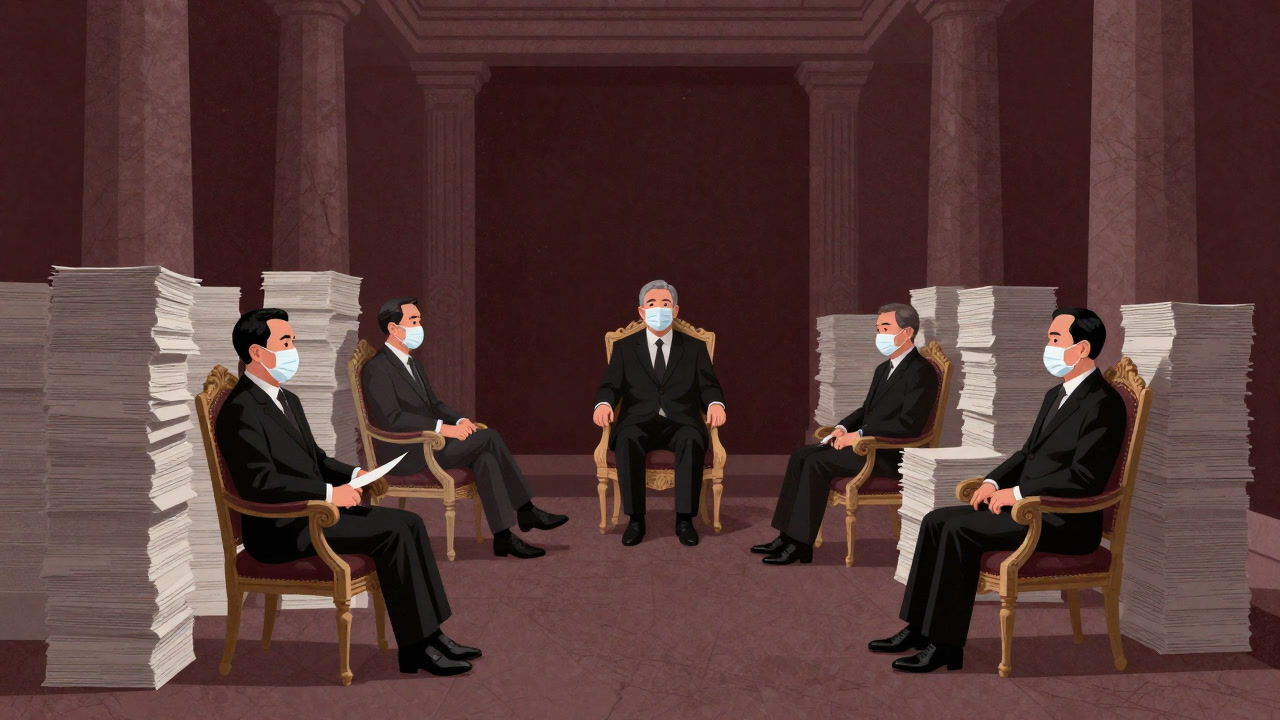 Illustration of ministers seated on ornate chairs in a marble corridor, piled high with documents.