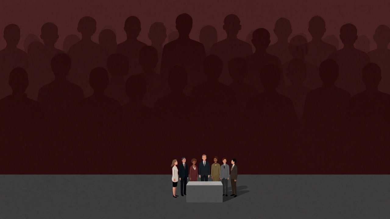 Illustration of a few lone silhouettes standing on a small podium buried in the shadows of a crowd