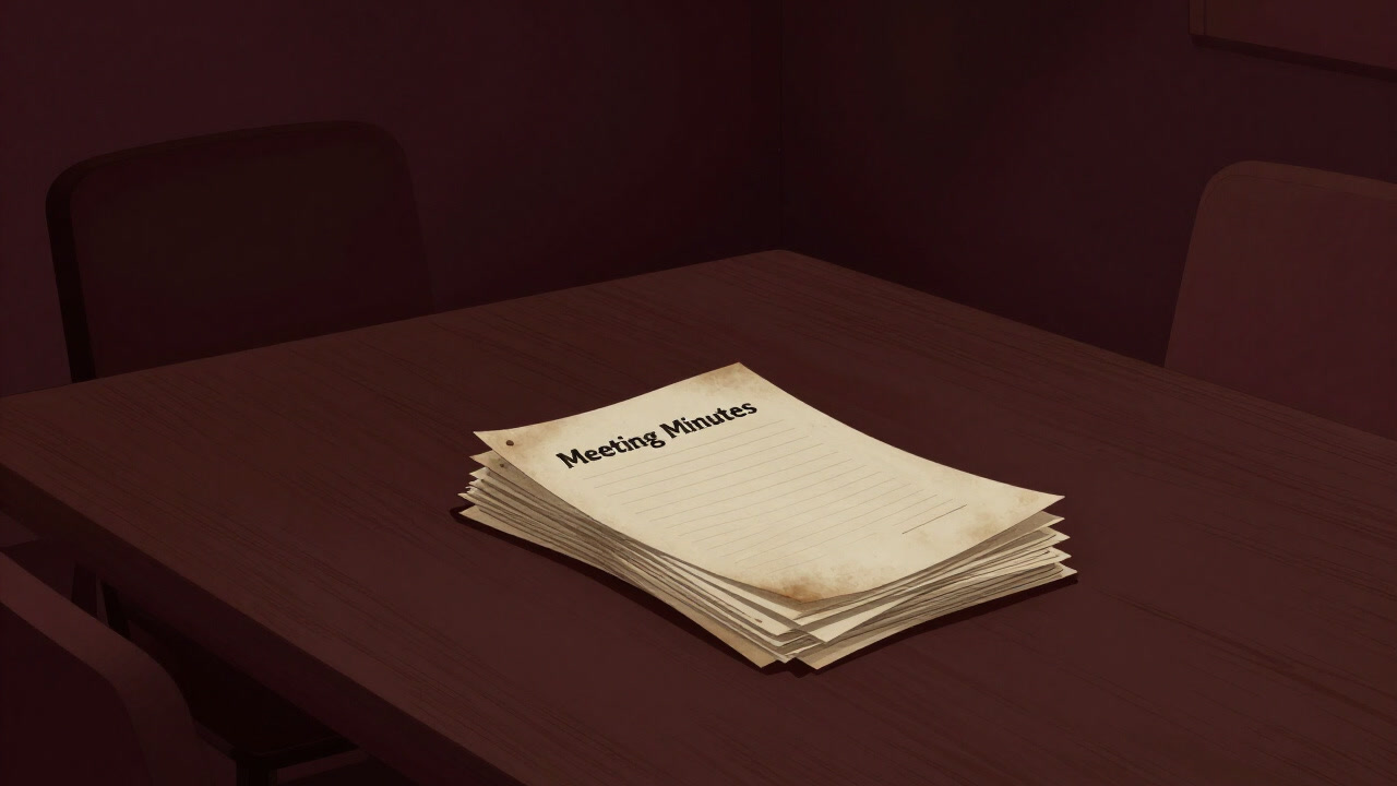 Image of a thick stack of meeting minutes covered in dust on a conference table