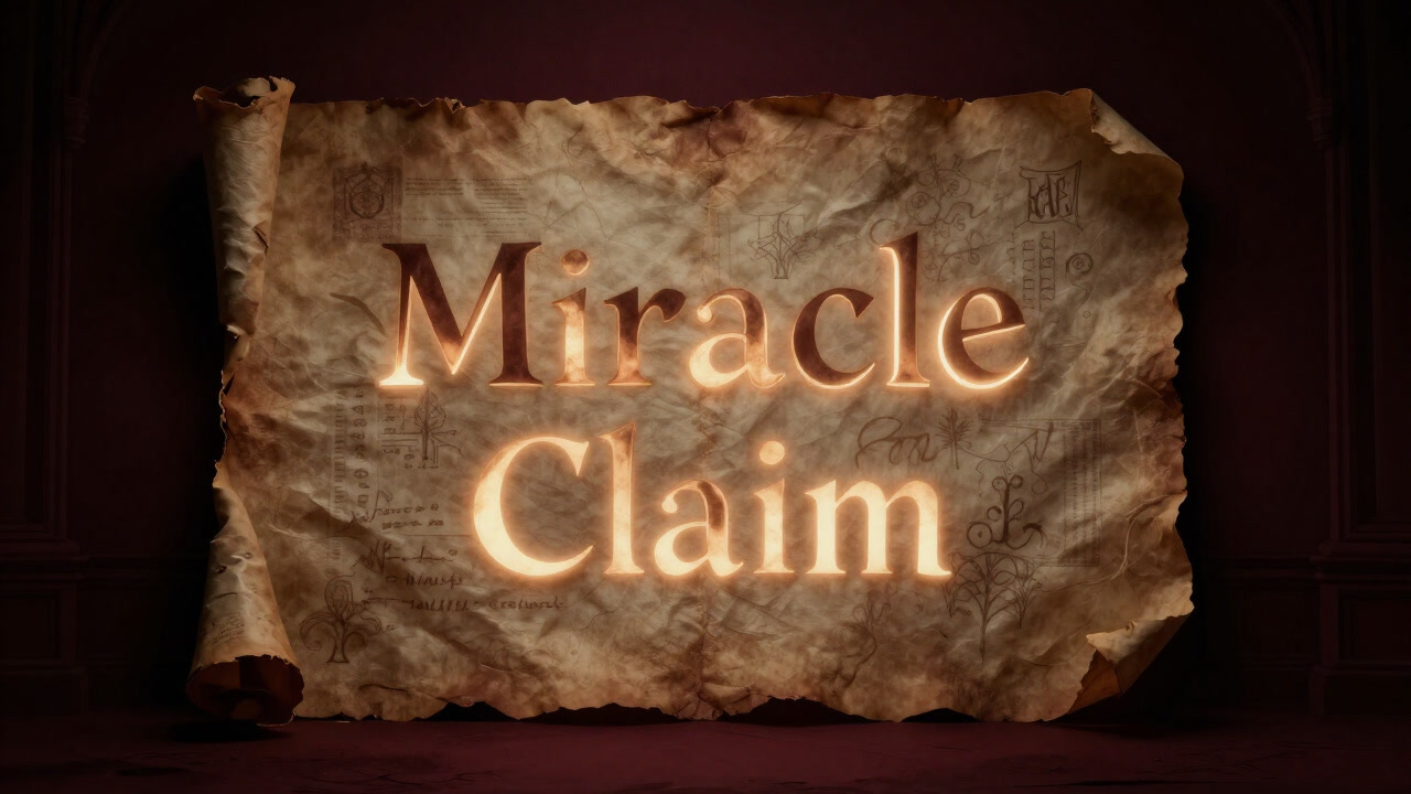 暗闇の中で奇跡主張の文字が浮かび上がる古びた巻物の画像