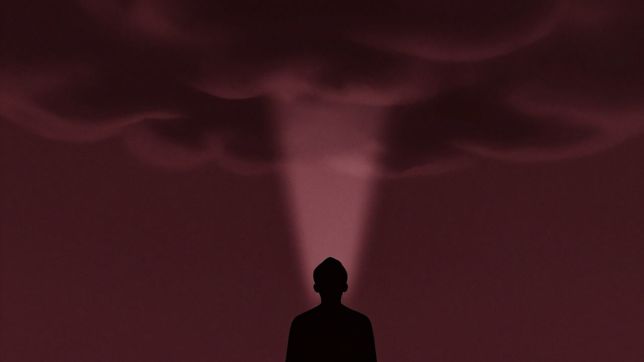 Illustration of a beam of light breaking through clouds, illuminating a lone figure in awe below.