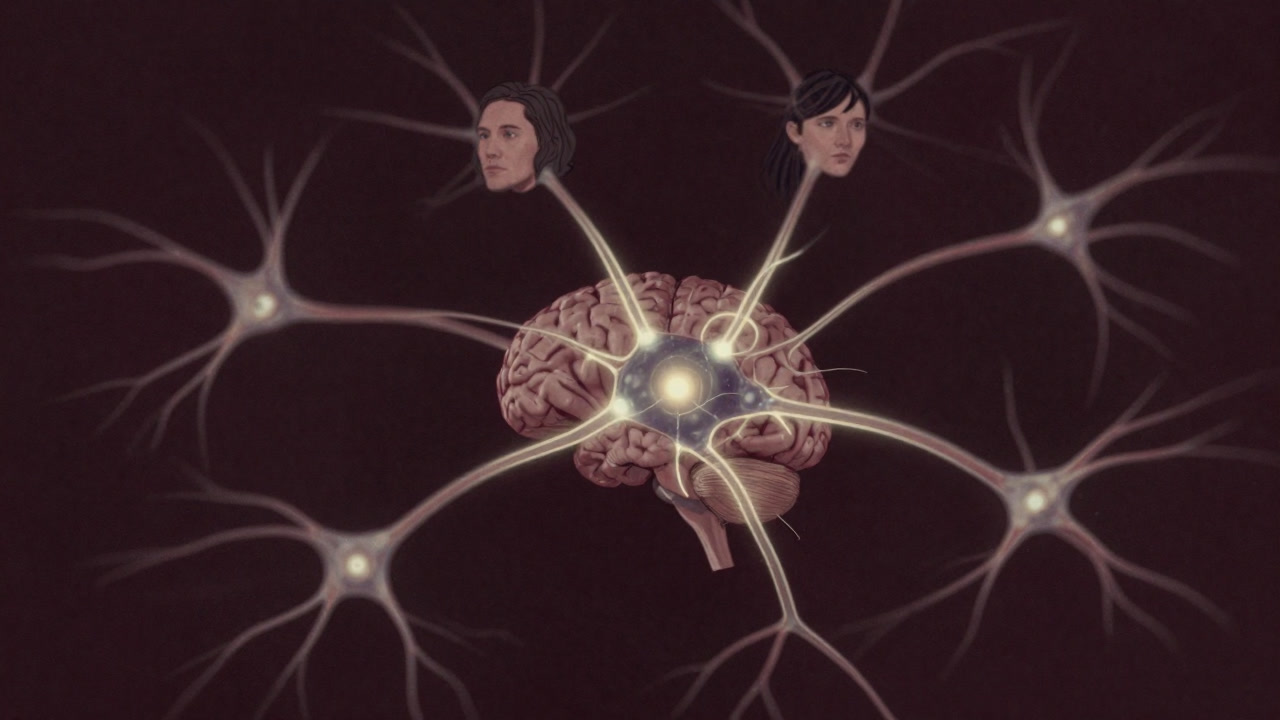 An illustration of neurons mirroring facial expressions