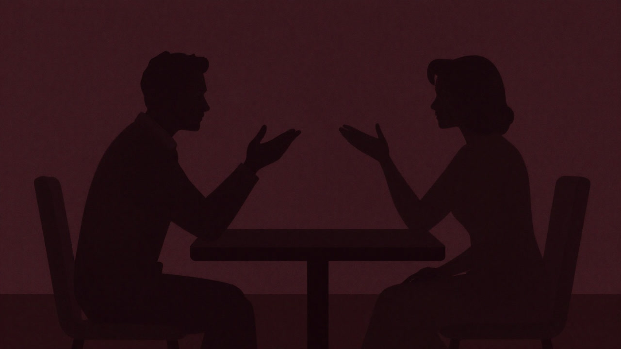 会議室で相手の身振りを鏡のように真似する二人のシルエット