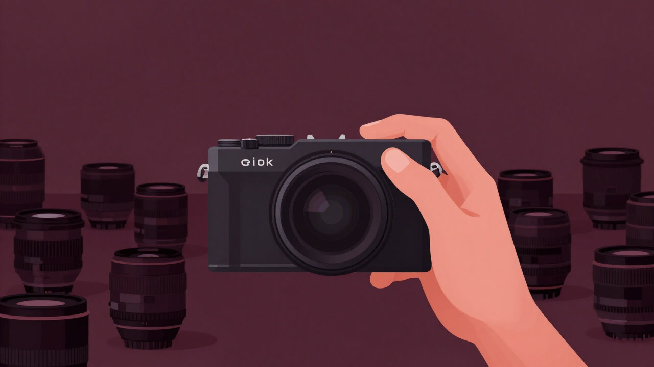 Slim mirrorless camera held in hand with a wall of lenses in the background.