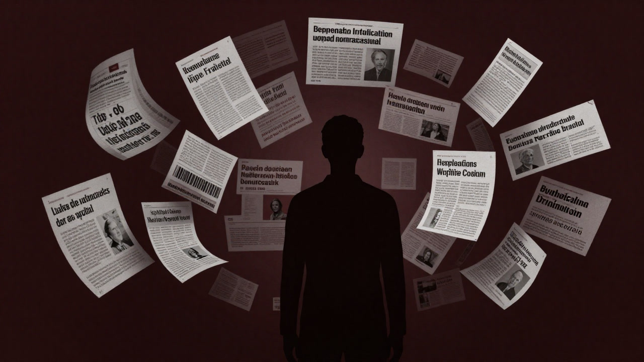 Silhouette of a person being swallowed by a whirlpool of floating misinformation text