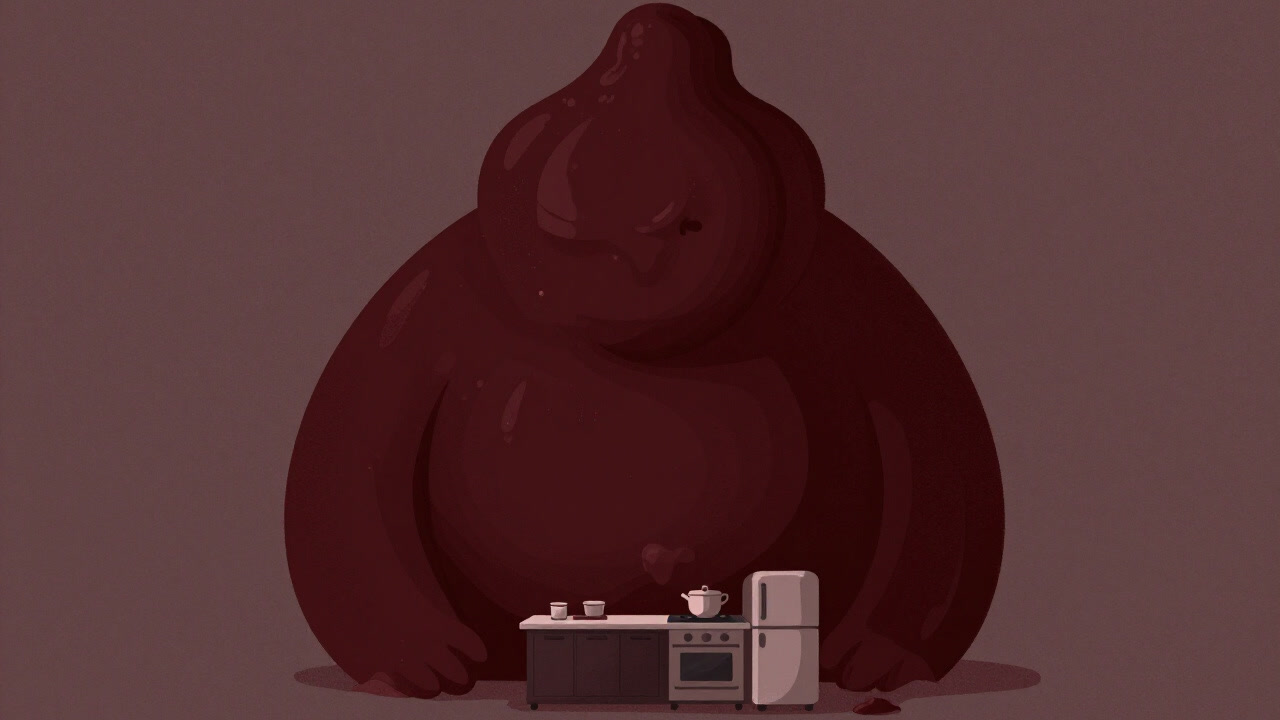 An image of a giant brown soybean paste dominating a kitchen scene