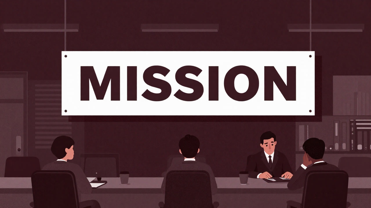 大きく「MISSION」と書かれた横断幕の前で呆然と立ち尽くす社員たちのイラスト