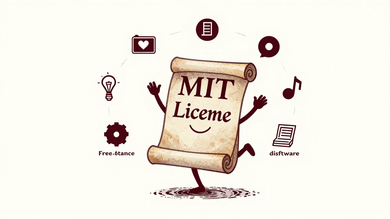 Illustration of the MIT License text dancing merrily amidst a sea of annotations and footnotes.