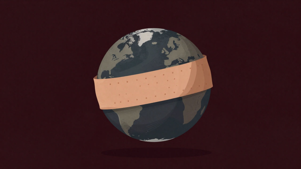 An image of a desolate globe wrapped in a giant bandaid, staring into the void.