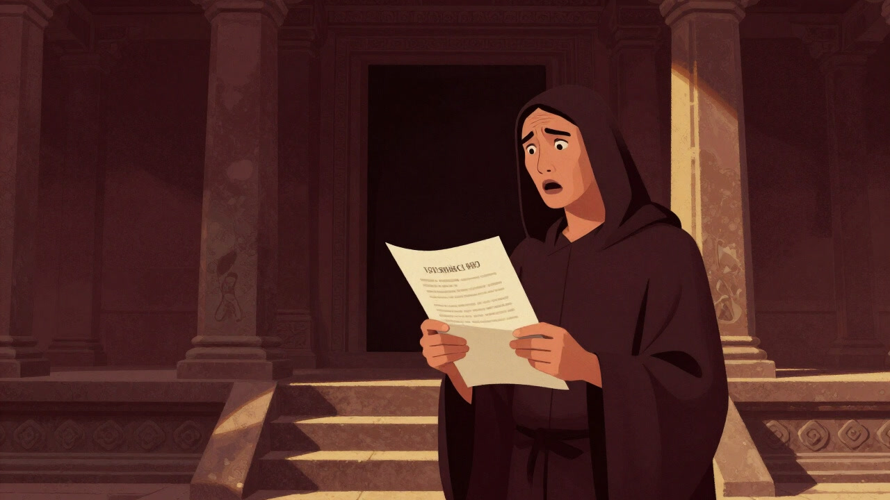 A worshipper clutching a thick contract stands trembling before an ancient sunlit temple