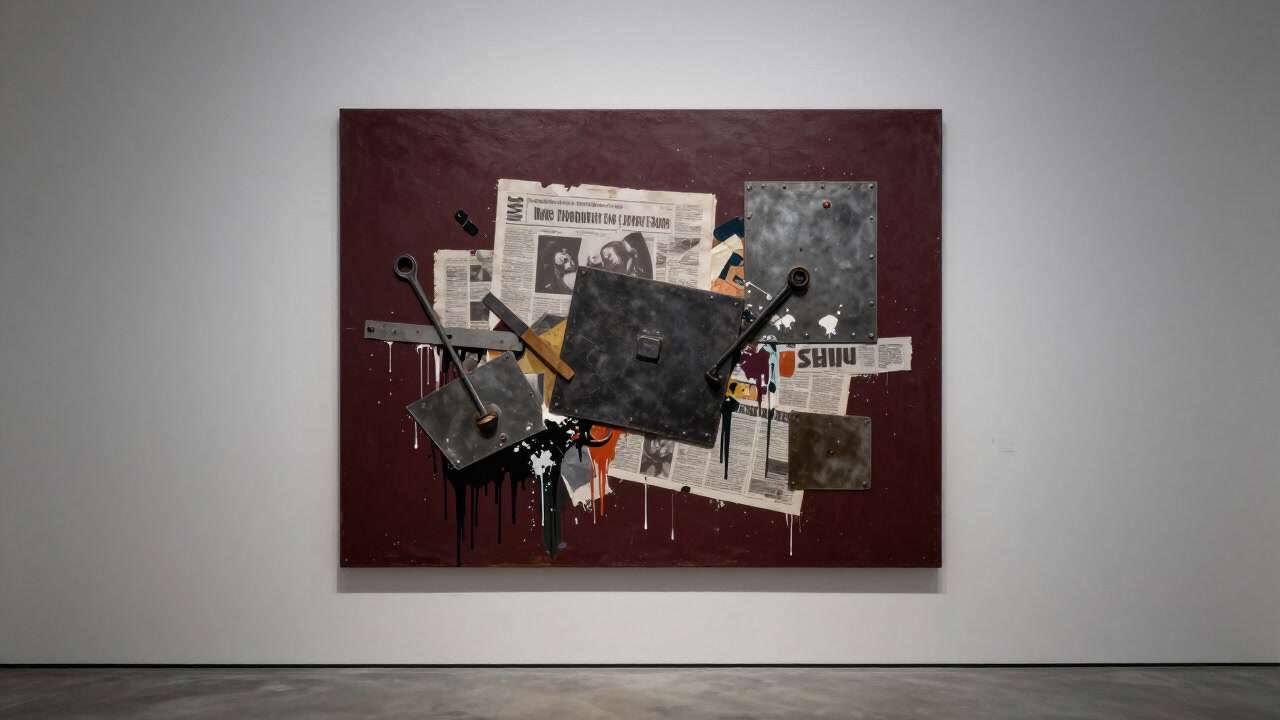 A photograph of a mixed media artwork with scrap materials, paper pieces, and paint haphazardly layered on a canvas, evoking an unsettling atmosphere