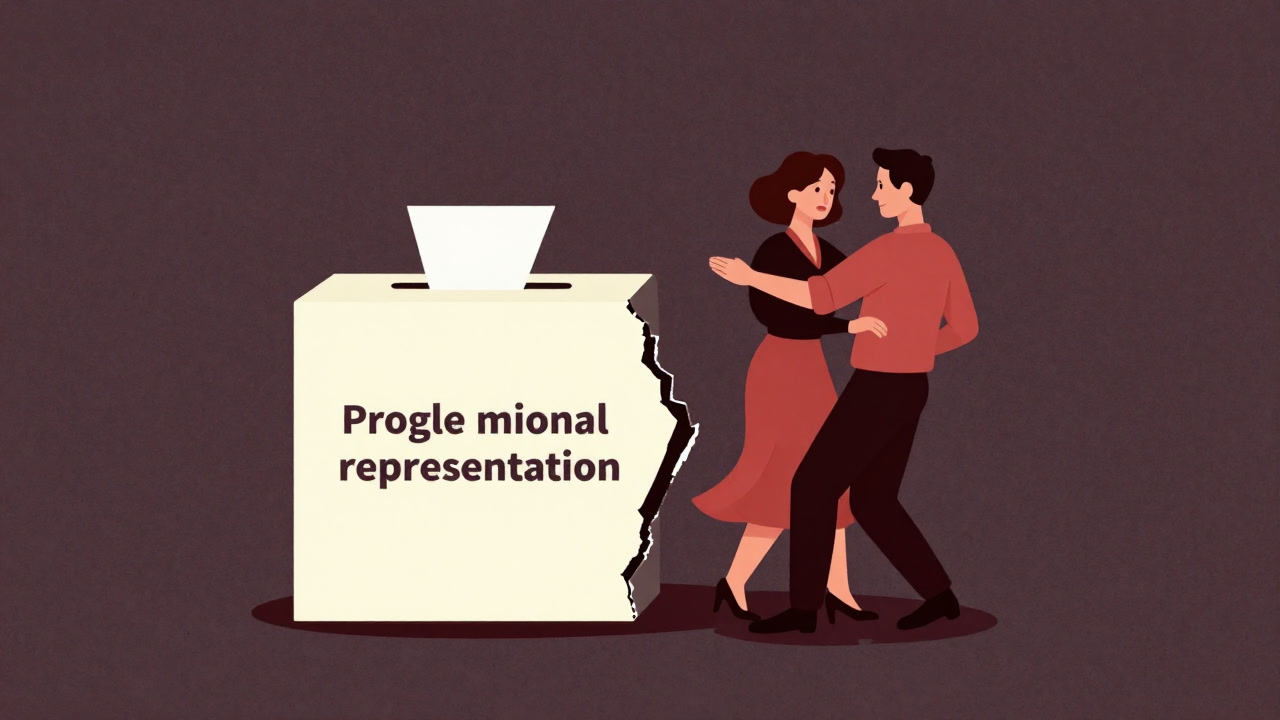 Satirical pop art of a ballot torn into two halves with different rules written on each side