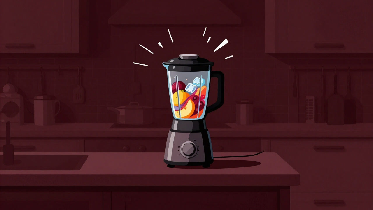 Silhouette of a blender mercilessly mixing fruits and ice, scattering noise