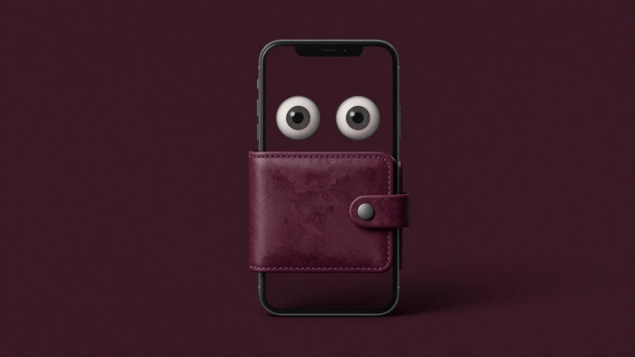 スマホ画面内で虚ろな目をした電子の財布が浮遊しているイラスト