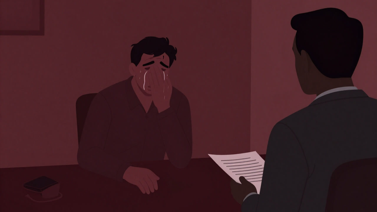 Silhouette of a sweating, trembling candidate facing a cold-eyed interviewer