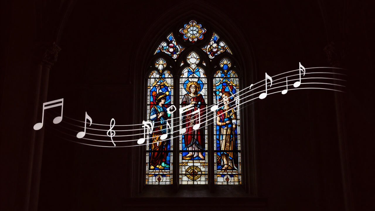 古代の教会を彷彿とさせるステンドグラスの前で、混沌とした音符が漂うイメージ