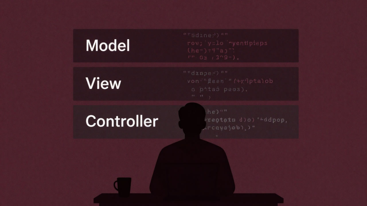 Silhouette of a developer standing bewildered behind code split into three layers