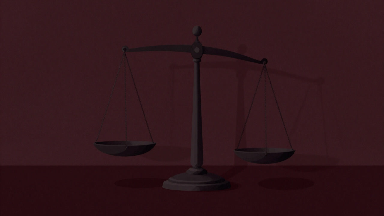 天秤の上に誰も乗っておらず、揺れる影だけが映る部屋の画像