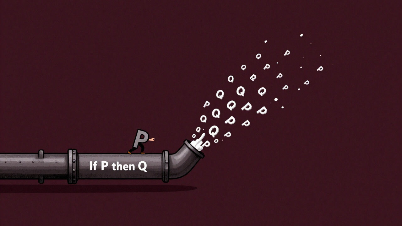 「もしPならQ」と書かれたパイプにPという文字列を押し込み、Qという結論が洪水のように溢れ出すイラスト