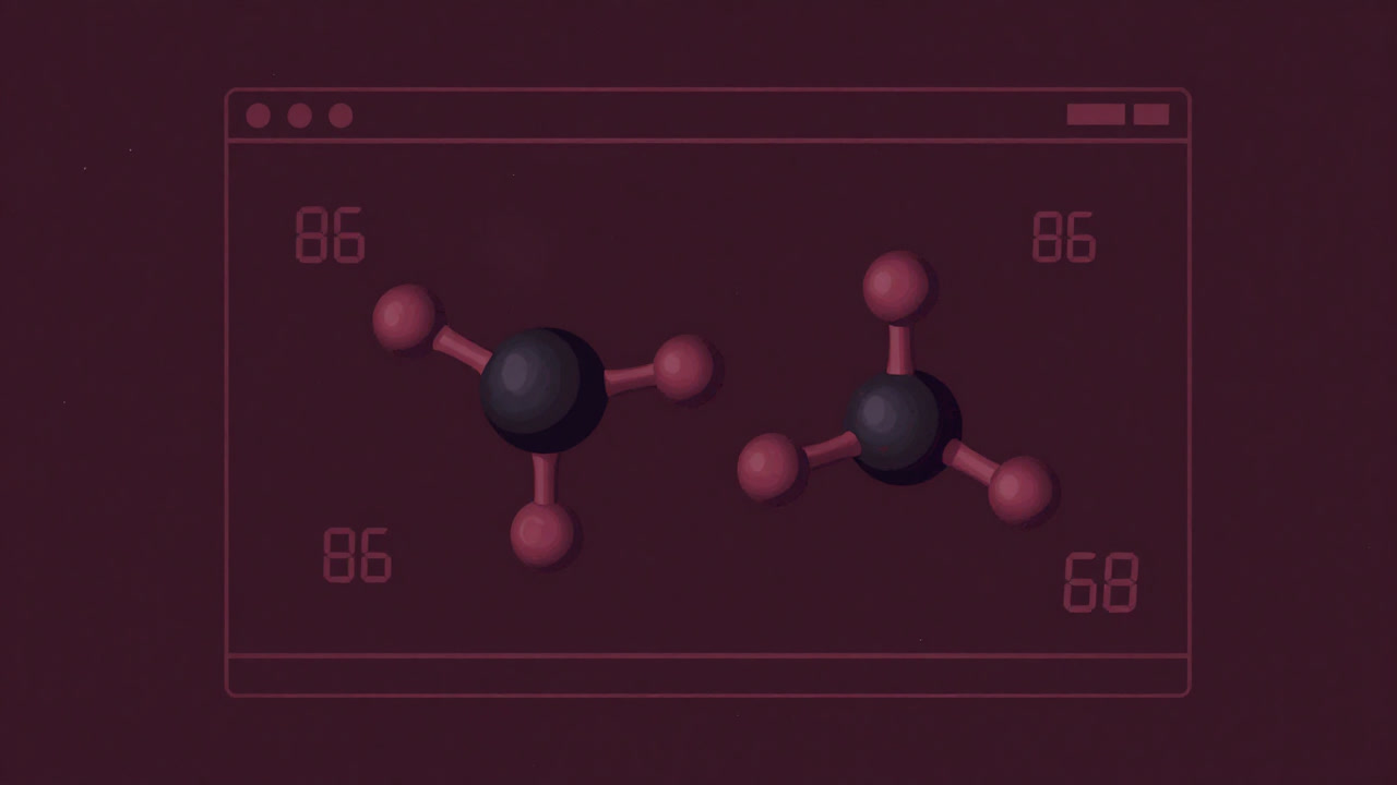 バーチャル空間で互いに近づく分子を、古びたコンピュータ画面がひょうひょうと見守るイラスト