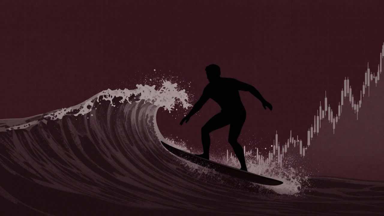チャートの波をサーフボードに見立てて乗ろうとする投資家のシルエット