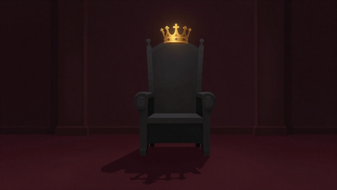 A dark throne room illuminated only by a glowing crown casting a vacant shadow beneath it