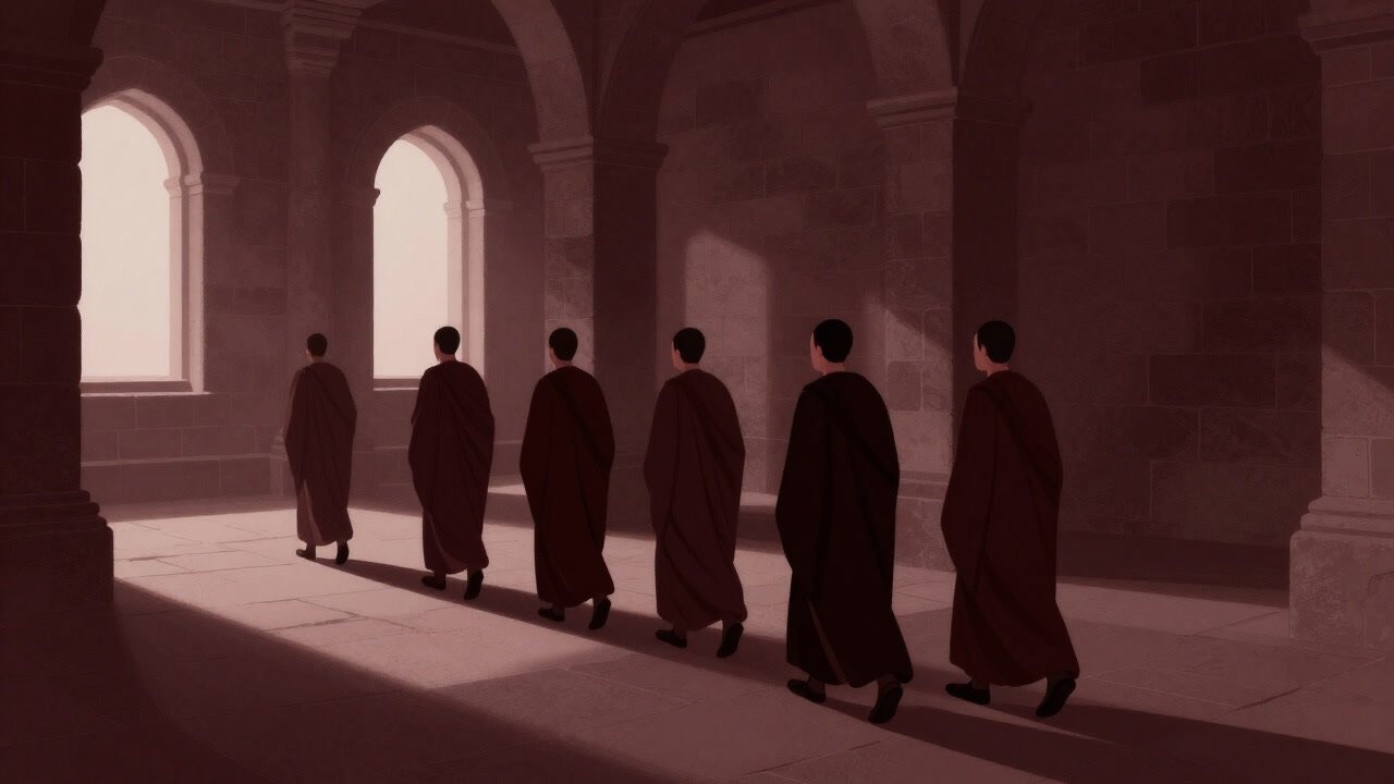 Image of monks’ shadows stretching down an old stone cloister trying to maintain silence