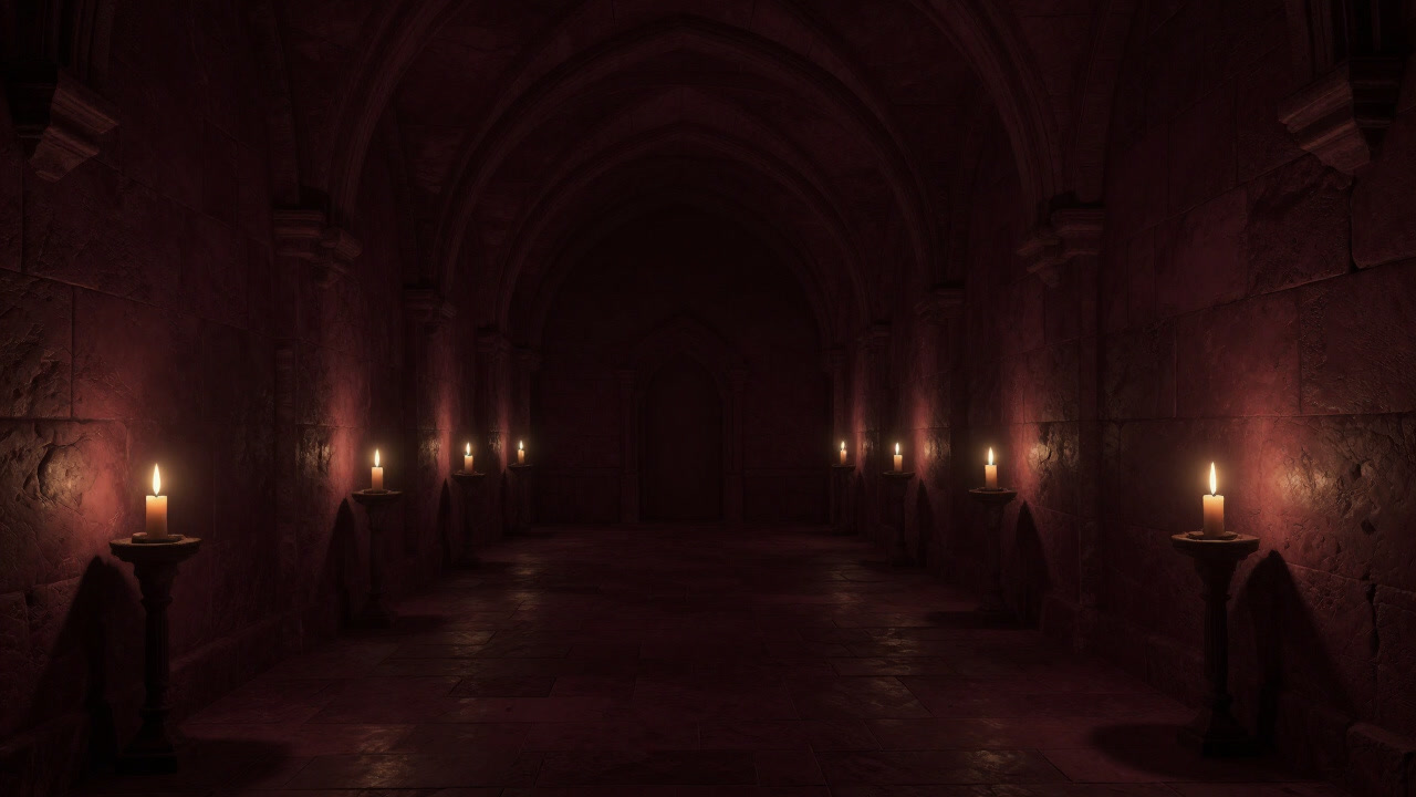 Image of a dimly lit monastery corridor with only candlelight flickering in stone walls.