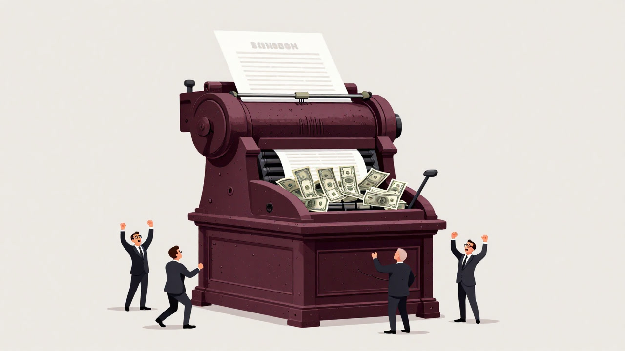 Satirical illustration of a central bank's giant printing press spewing banknotes