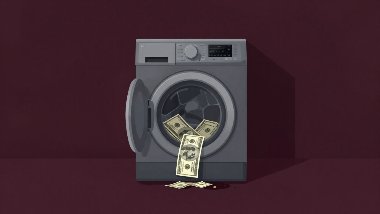 汚れた札束が洗濯機を通り抜け、きれいな札束として排出されるイメージ