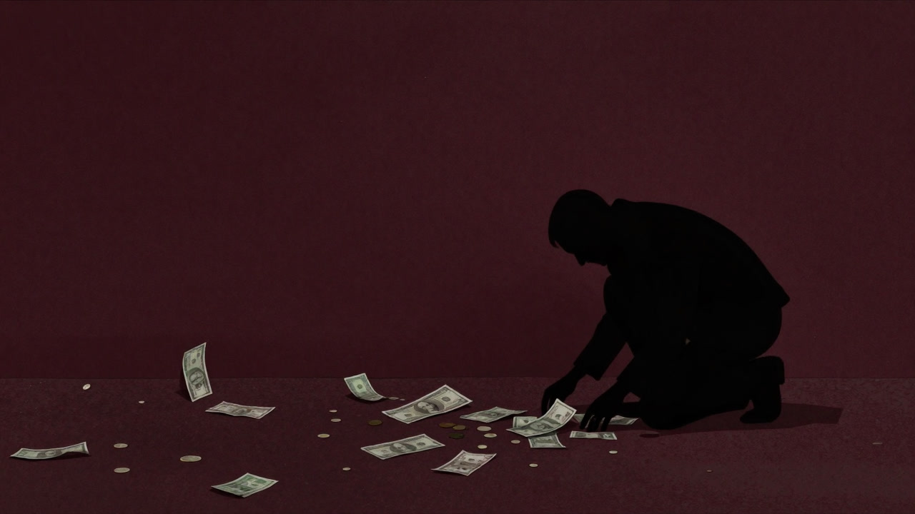 Silhouette of a person picking up scattered banknotes and coins on a dimly lit street