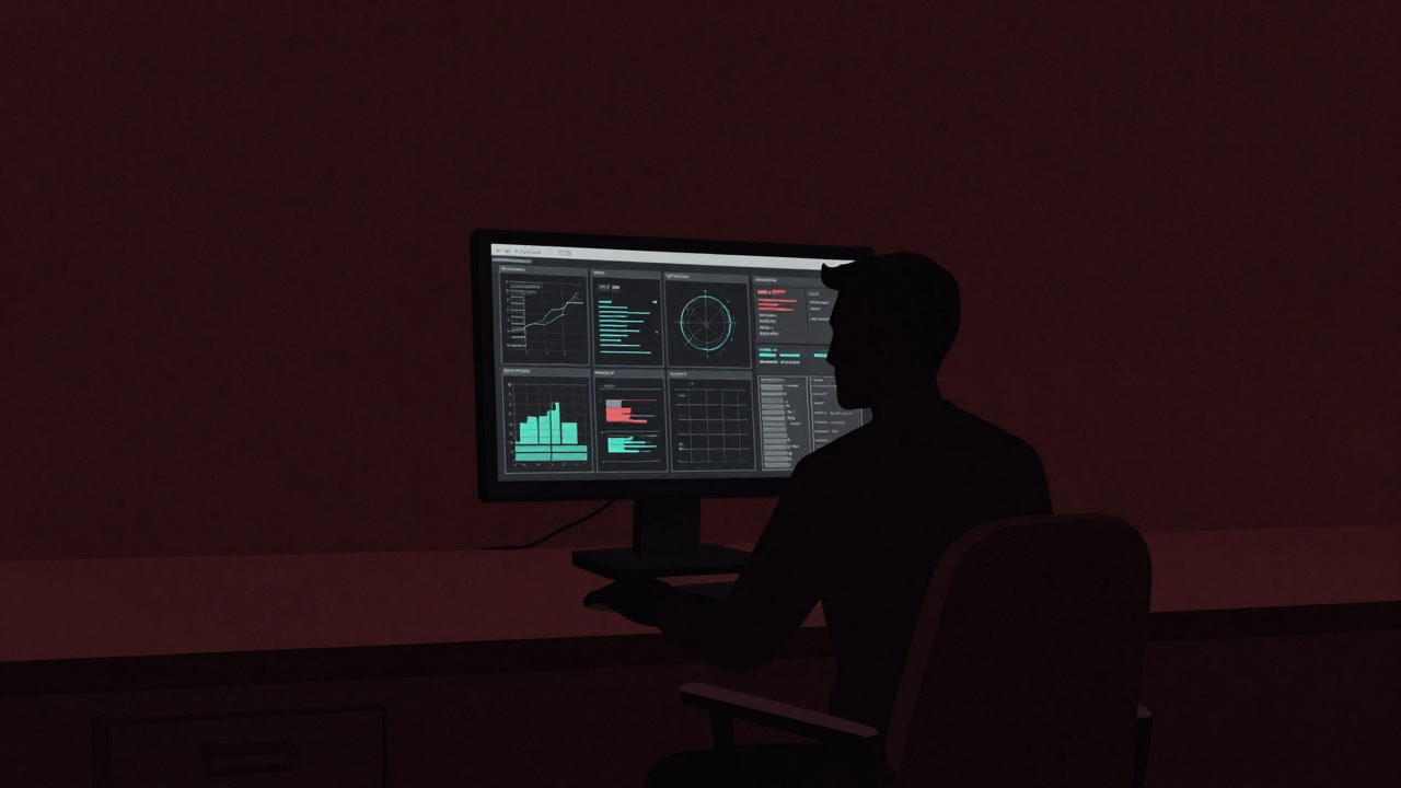 Rear view of an admin staring desperately at a computer screen displaying massive metric graphs.