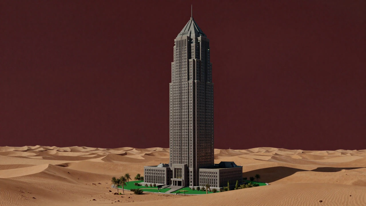 砂漠の中で1社だけがオアシスを独占し、周囲に干上がった市場を見下ろす巨大な会社のビルのイラスト