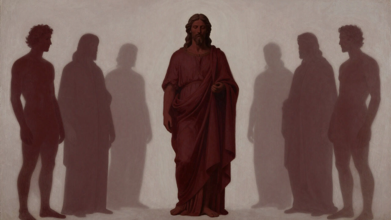 一柱の神像が中央に立ち、その周囲に消えゆく多様な神々の影が描かれた皮肉な宗教絵画