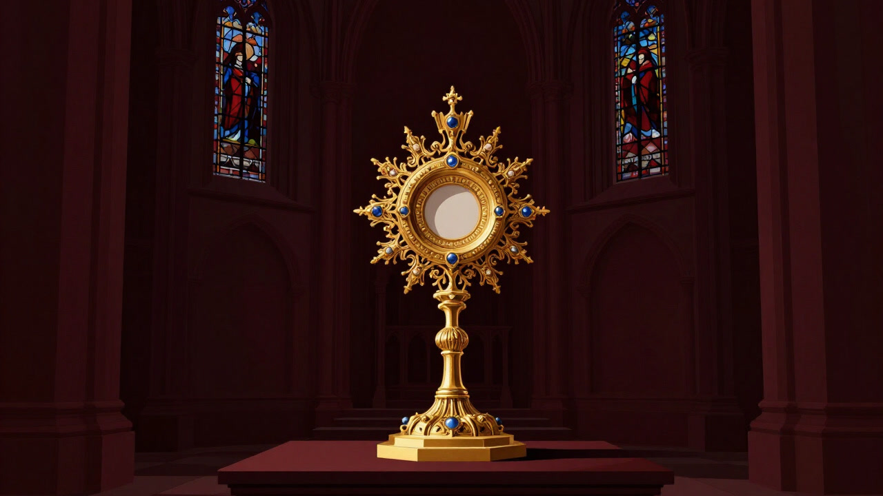 豪華な金属装飾をまとい、ステンドグラスの光を背にした聖体顕示台の画像