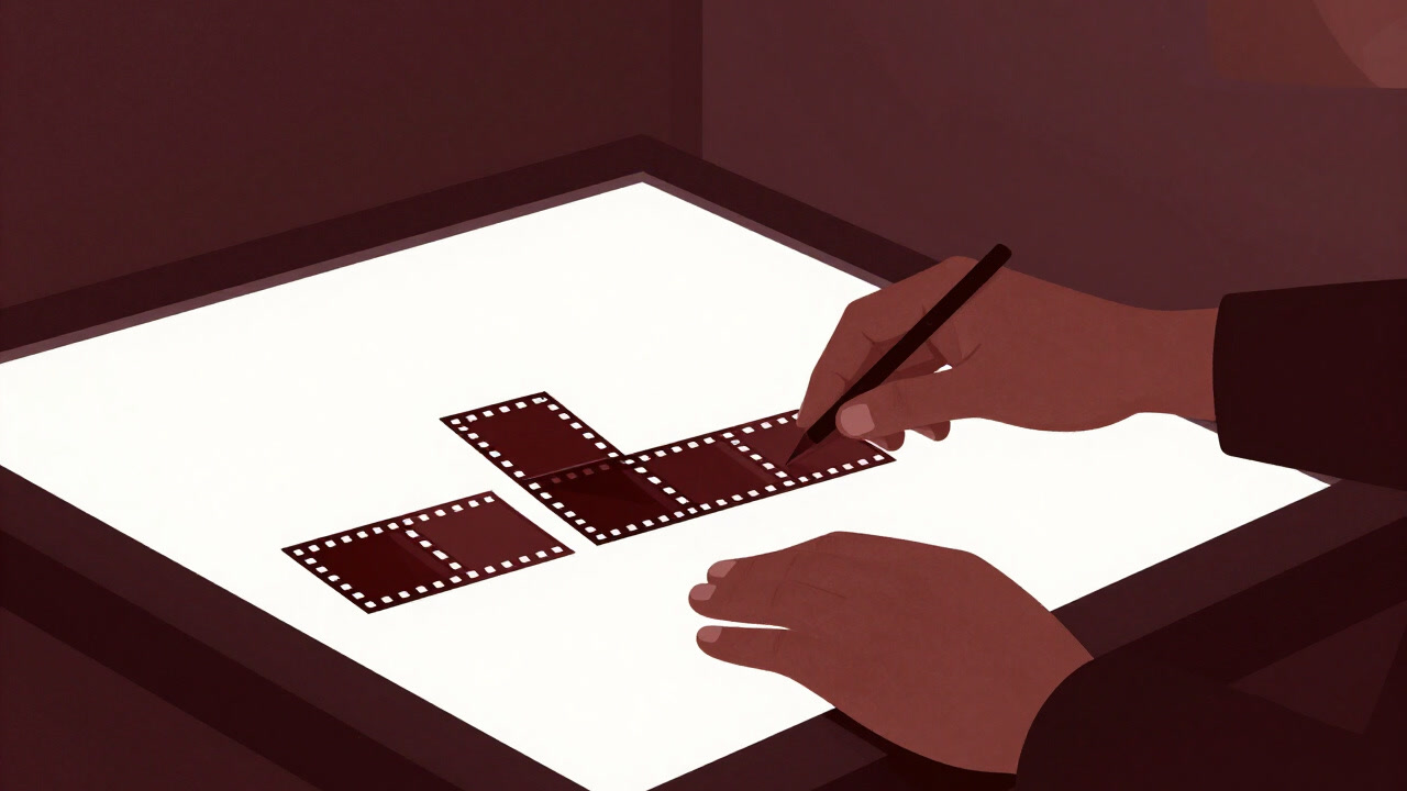 Image of an editor’s hands merging scattered film fragments on a light table.