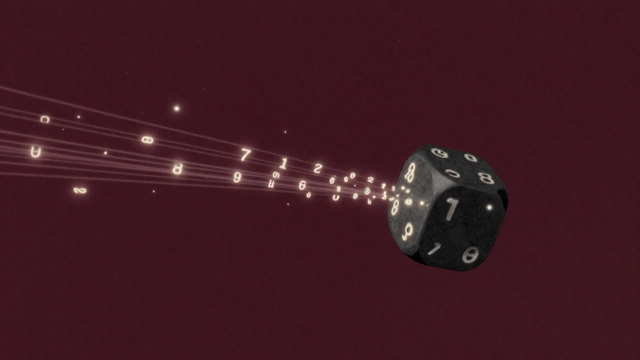 古びたサイコロが星空の下で転がり、そこかしこに乱数の軌跡を描き出す幻想的なイラスト
