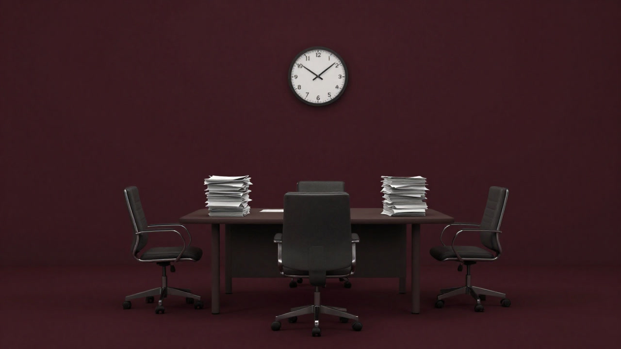 Conference room with empty chairs and piles of files, a clock that seems to taunt impending deadlines