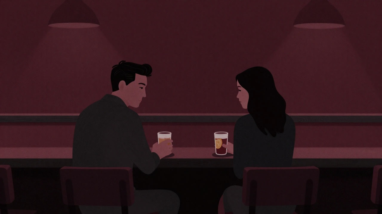 Illustration of a couple sitting side by side at the same izakaya counter, exuding awkward silence.