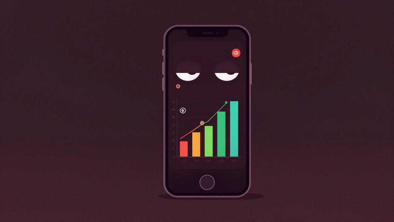 Illustration of a weary smartphone displaying a color-changing mood bar surrounded by vibrant charts.